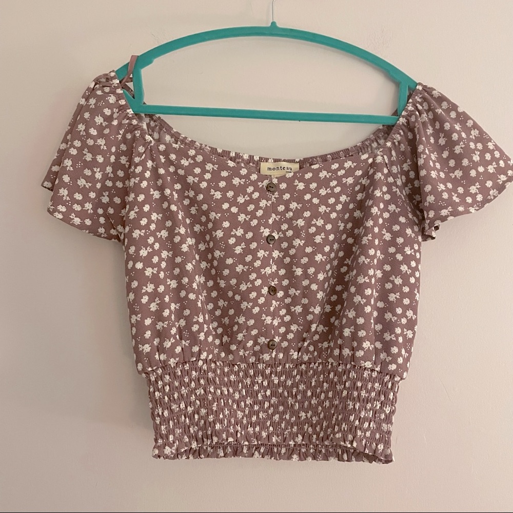 Monteau NWT Dark Rose Floral Ruffle Sleeve Crop L